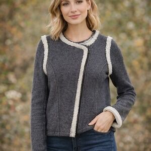 Gap Moto Jacket Women L Navy Cotton Knit Asymmetric Zip Fringe Boho‎ Chic Edgy